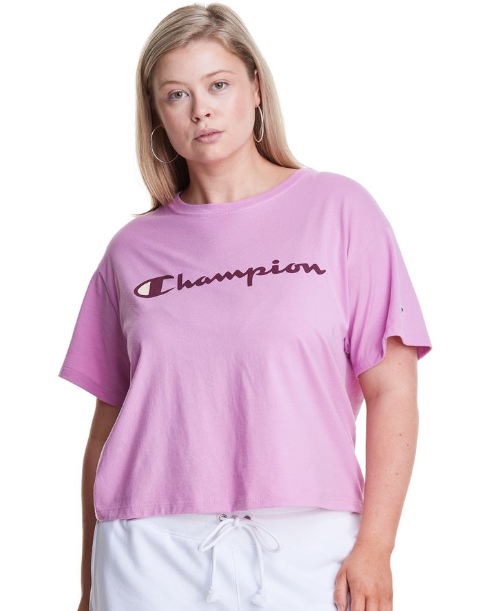 Champion Womens T-Shirt NZ - Plus Cropped Script C Logo Pink ( 5768-IUJNZ )